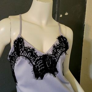 Cocktail-Party dress. Sexy but classic. Size Sm. Gray satin like with black lace